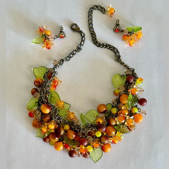 Vintage Lucite and Brass Fruit and Flora Necklace and Earrings Set Cha Cha Style - Picture 1 of 9